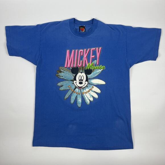 Vintage Disney Mickey Mouse T Shirt 90s Single Stitch Graphic Blue Retro Flower - Picture 1 of 13